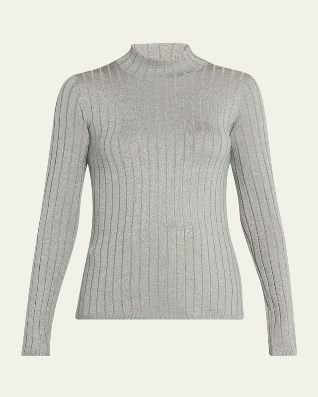 Metallic-Rib Cuff Cashmere-Silk Sweater